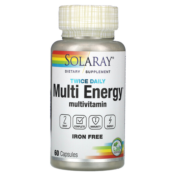 Мультивитаминный комплекс «Мультиэнергия» два раза в день, без железа, 60 капсул Solaray