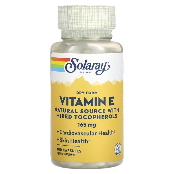 Сухая форма витамина Е, натуральный источник со смесью токоферолов, 165 мг, 100 капсул Solaray