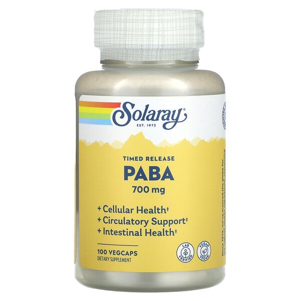 PABA с замедленным высвобождением, 700 мг, 100 растительных капсул - Solaray - Комплекс витамина В Solaray