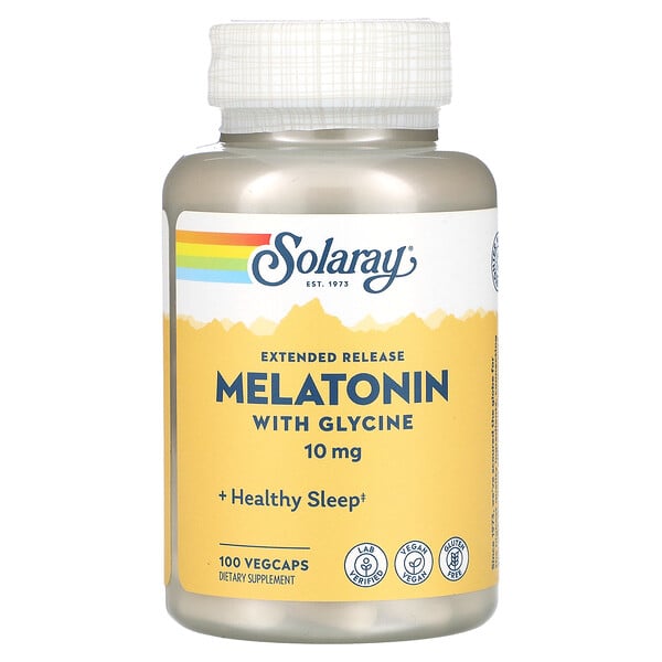 Мелатонин пролонгированного действия с глицином, 10 мг, 100 растительных капсул Solaray
