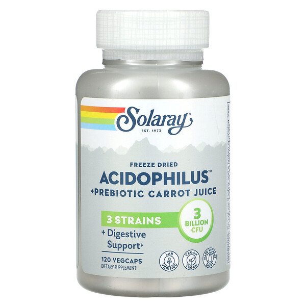 Лиофилизированный Acidophilus + Пребиотический морковный сок, 3 миллиарда КОЕ, 120 вегетарианских капсул - Solaray Solaray