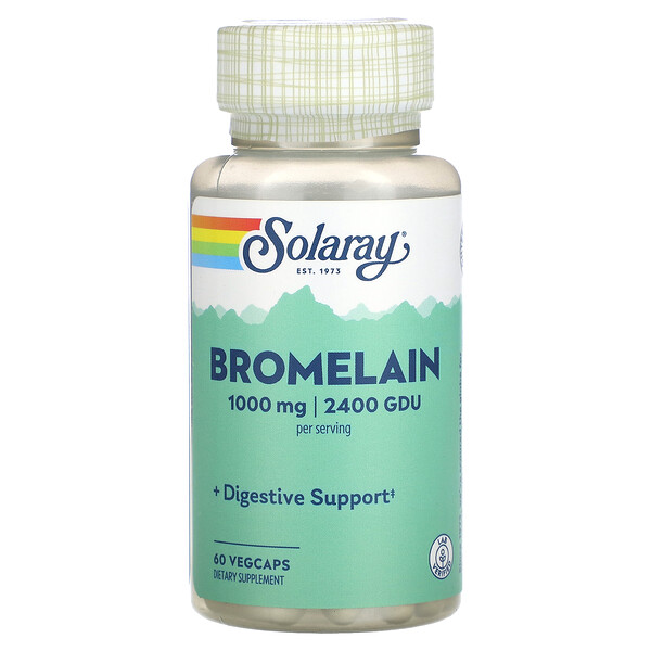Бромелайн, 1000 мг, 60 растительных капсул (500 мг, 1200 GDU на капсулу) Solaray
