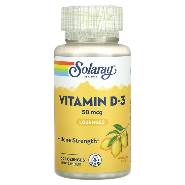 Витамин D-3, леденцы с лимонным вкусом, 50 мкг, 60 леденцов - Solaray Solaray
