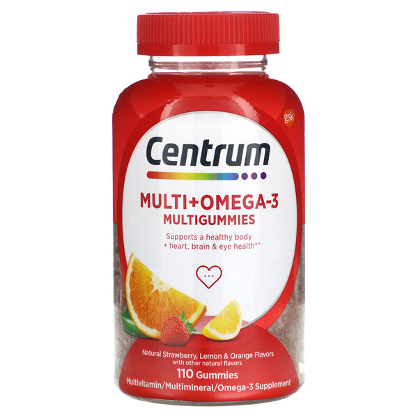 Мульти + Омега-3 Мультивитамины в жевательных конфетах, Натуральные вкусы клубники, лимона и апельсина, 110 жевательных конфет - Centrum Centrum