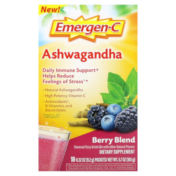 Ashwagandha, Ягодная смесь, 18 пакетов по 0,32 унции (9,2 г) каждый Emergen-C
