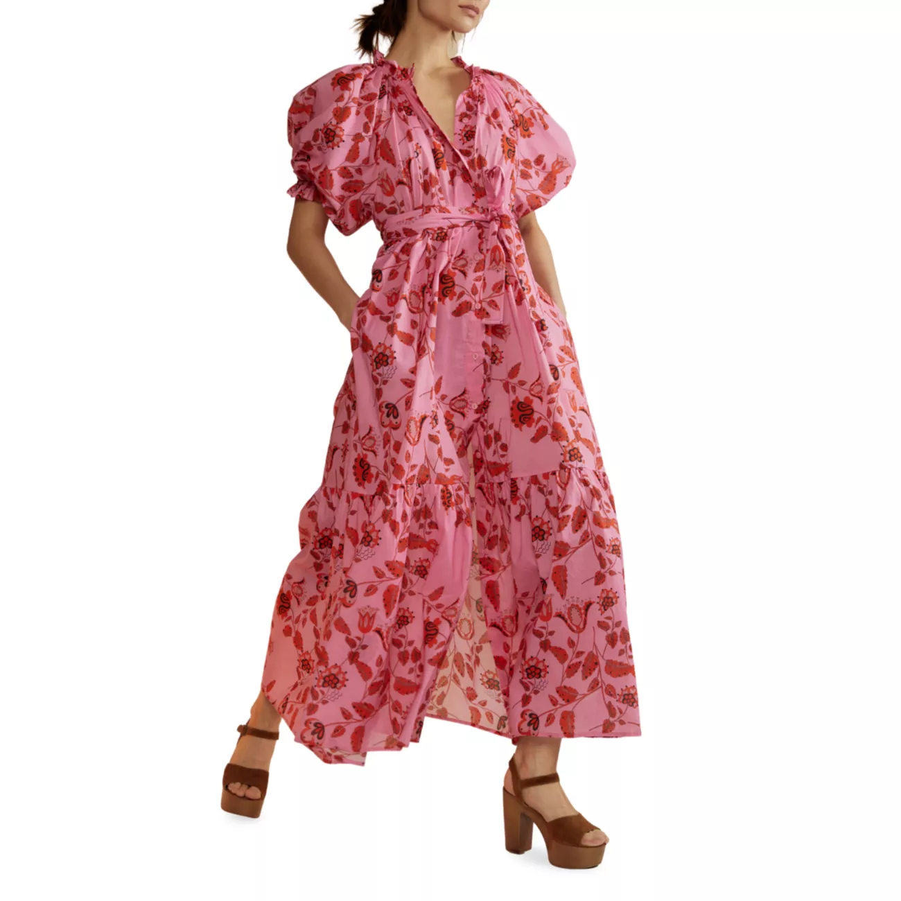 Платье макси Saratoga из хлопка с цветочным принтом и поясом Cynthia Rowley
