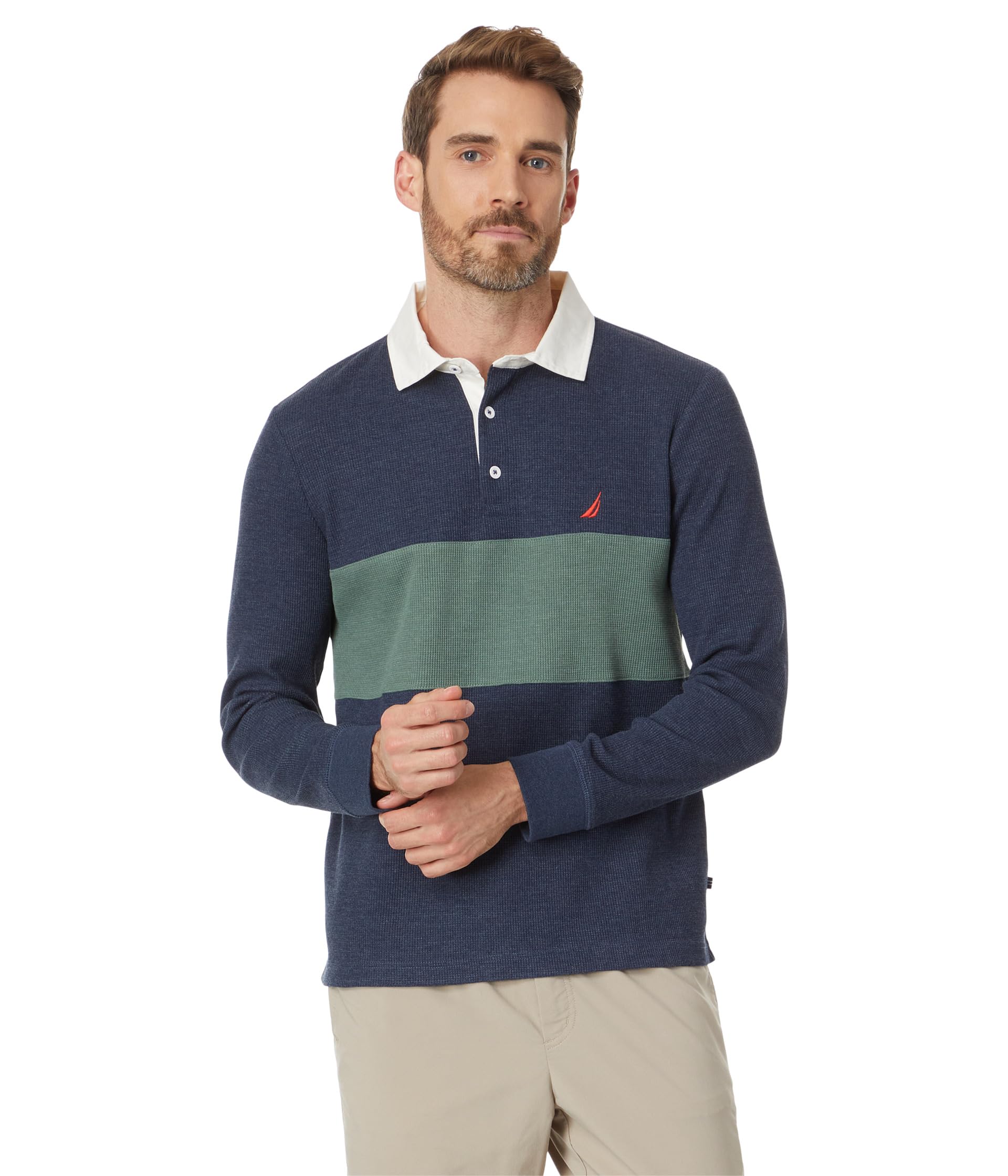 Рубашка-поло приталенного кроя вафельного цвета с длинными рукавами и колор-блоками Nautica