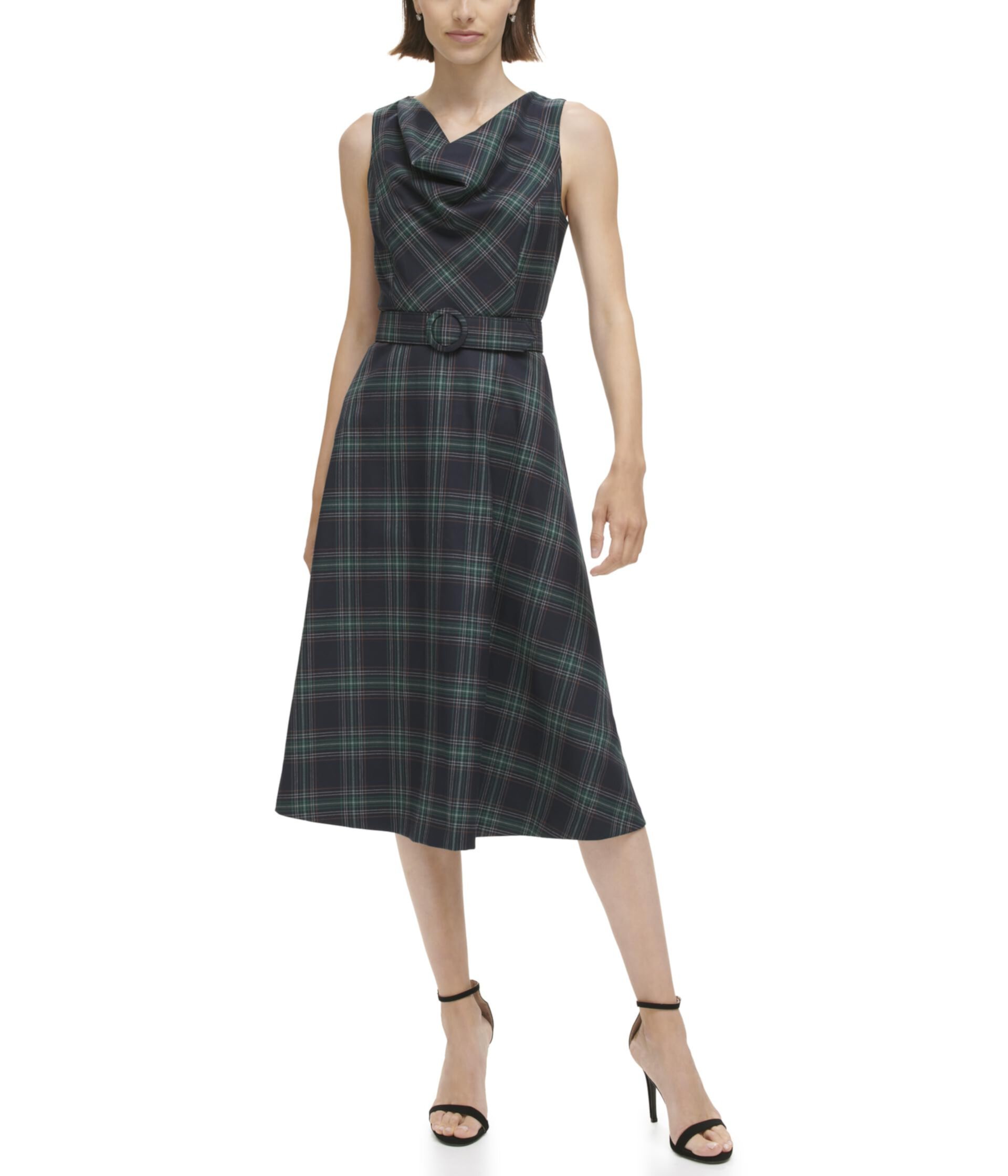 Plaid Cowl Neck Fit-and-Flare Belted Midi Dress Vince Camuto