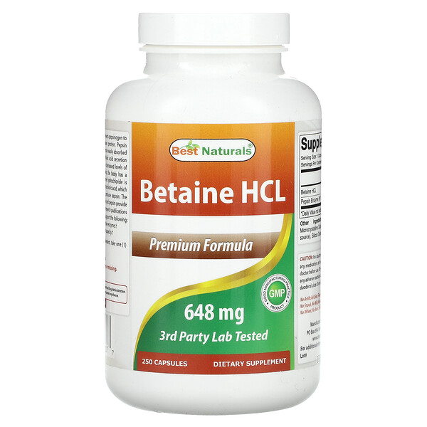 Betaine HCL, 648 мг, 250 капсул - Best Naturals Best Naturals