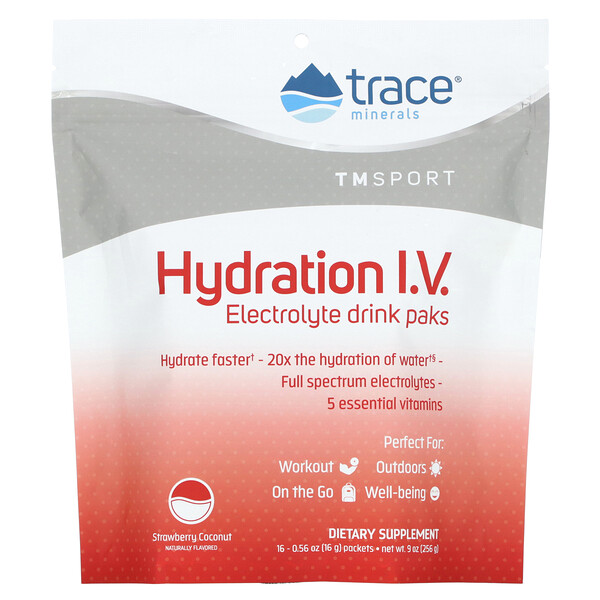 TM Sport, Hydration IV, пакетики с электролитными напитками, клубника и кокос, 16 пакетов по 0,56 унции (16 г) каждый Trace Minerals Research