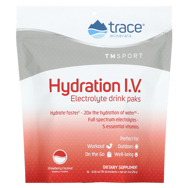 TM Sport, Hydration I.V., Electrolyte Drink Paks, Strawberry Coconut, 16 Packets (Пакеты ), 0.56 oz (Унции) (16 g) Each Trace Minerals Research