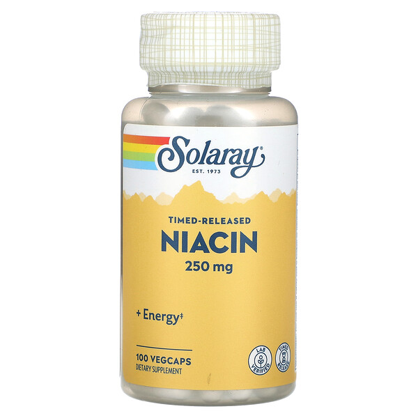Ниацин с замедленным высвобождением, 250 мг, 100 растительных капсул Solaray