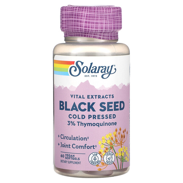 Vital Extracts, черный тмин, холодного отжима, 60 веганских мягких таблеток Solaray