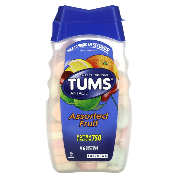 Экстра-сильный антацид, Разнообразные фрукты - 96 жевательных таблеток - Tums Tums