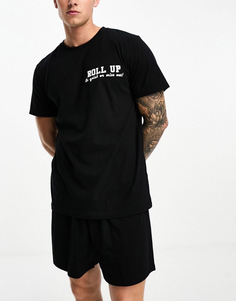 Черный пижамный комплект ASOS DESIGN, футболка и шорты с принтом в виде пиццы на спине ASOS DESIGN