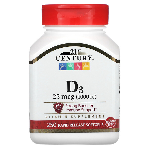 Витамин D3, 25 мкг (1000 МЕ), 250 мягких таблеток с быстрым высвобождением 21st Century