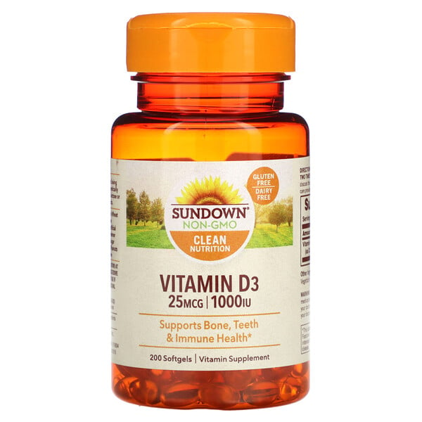 Витамин D3, 25 мкг (1000 МЕ), 200 мягких таблеток Sundown Naturals