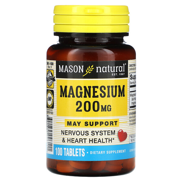 Magnesium, 200 mg, 100 Tablets (Таблетки) Mason Natural