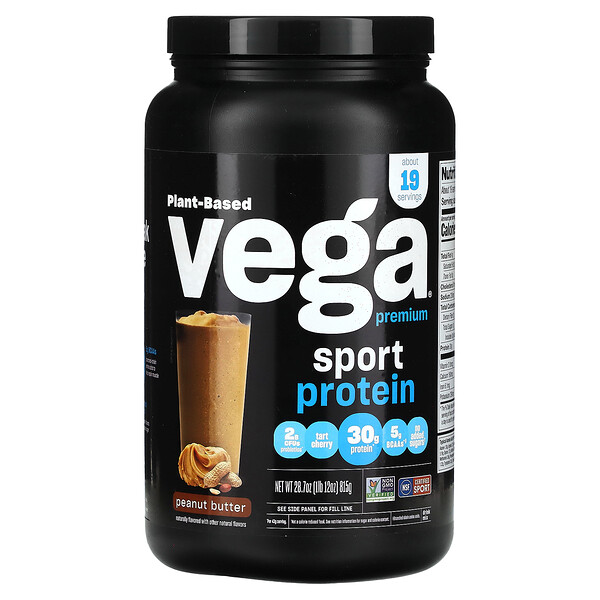 Sport, Протеиновый порошок премиум-класса на растительной основе, арахисовое масло, 1 фунт 12 унций (815 г) Vega