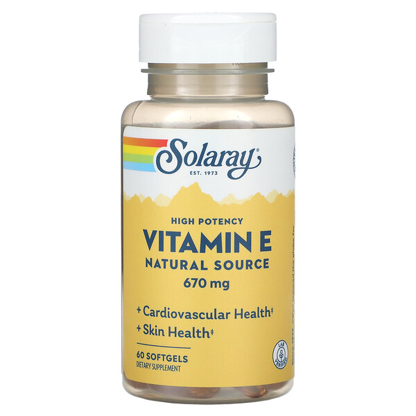 Витамин Е, натуральный источник, высокая эффективность, 670 мг, 60 мягких таблеток Solaray
