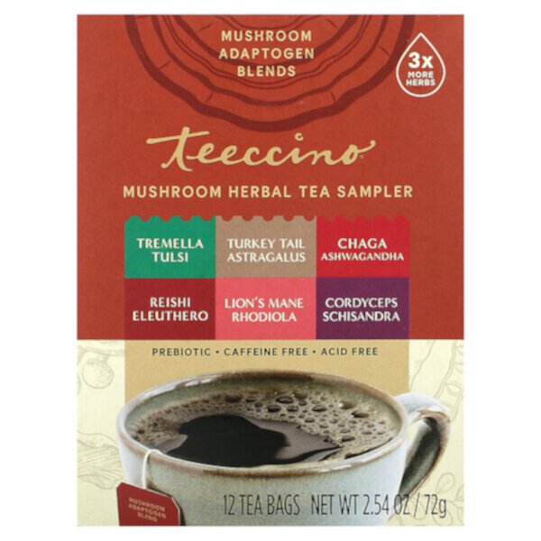 Mushroom Herbal Tea Sampler, 6 Flavors, Caffeine Free, 12 Tea Bags, 2.54 oz (72 g) Teeccino