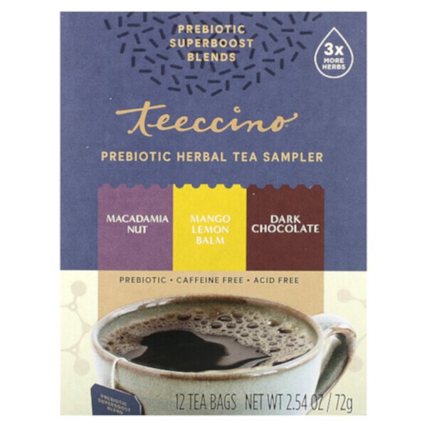 Prebiotic Herbal Tea Sampler, 3 Flavors, Caffeine Free, 12 Tea Bags, 2.54 oz (72 g) Teeccino