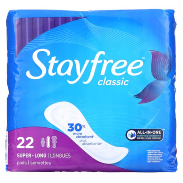 Classic, Очень длинные подушечки, без запаха, 22 подушечки Stayfree