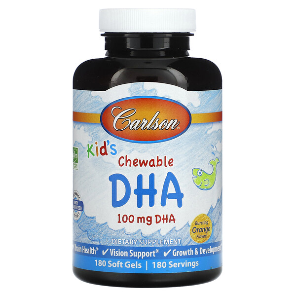 Детская жевательная добавка DHA, взрывной апельсин, 100 мг, 180 мягких таблеток Carlson