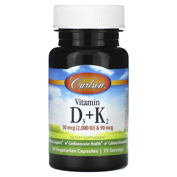 Витамин D3 + K2, 30 вегетарианских капсул Carlson