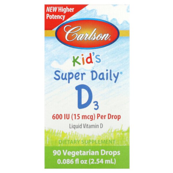 Kid's Super Daily D3, 15 mcg (600 IU), 90 Vegetarian Drops (Капли), 0.086 fl oz (Жидкие унции) (2.54 ml) Carlson