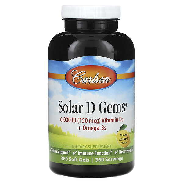 Solar D Gems, Натуральный лимон, 360 мягких таблеток Carlson