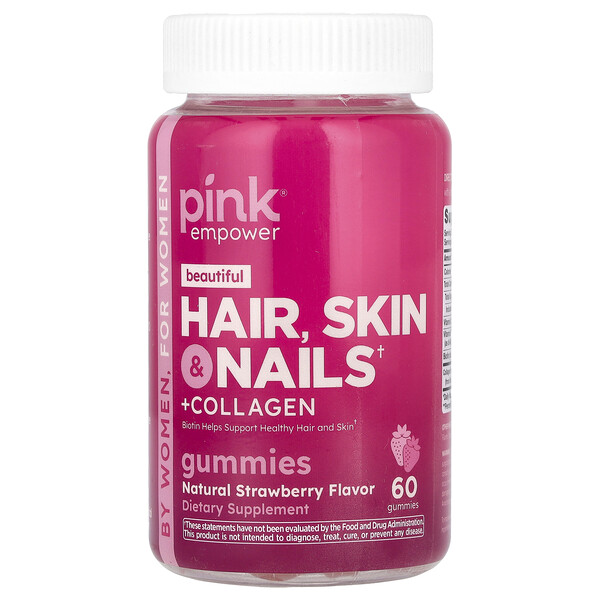 Beautiful, Hair, Skin & Nails + Collagen, Natural Strawberry, 60 Gummies (Жевательные конфеты) Pink