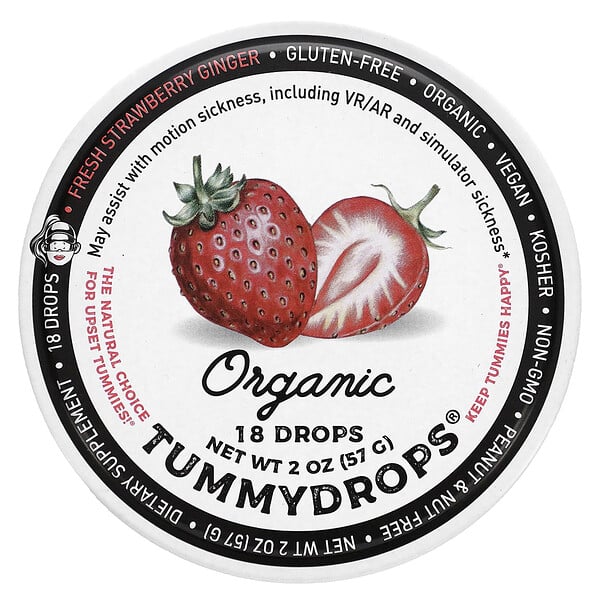 Органический свежий клубничный имбирь, 18 капель по 2 унции (57 г) Tummydrops