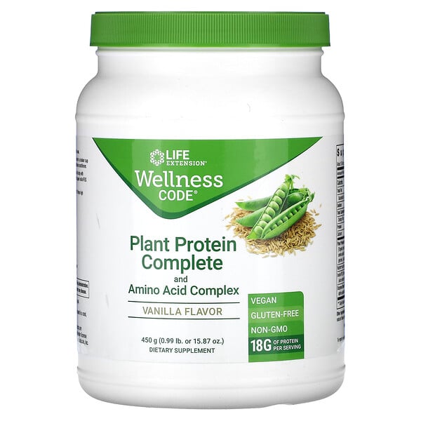 Wellness Code, Plant Protein Complete and Amino Acid Complex, Vanilla, 0.99 lb (450 g) Life Extension