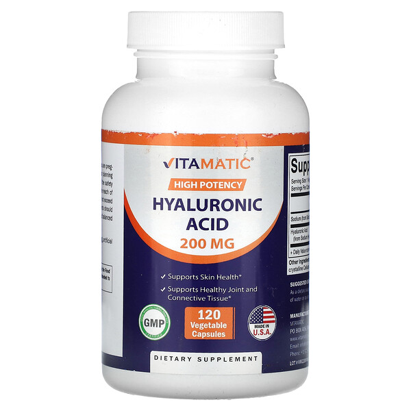 Гиалуроновая кислота, высокая концентрация - 200 мг - 120 растительных капсул - Vitamatic Vitamatic