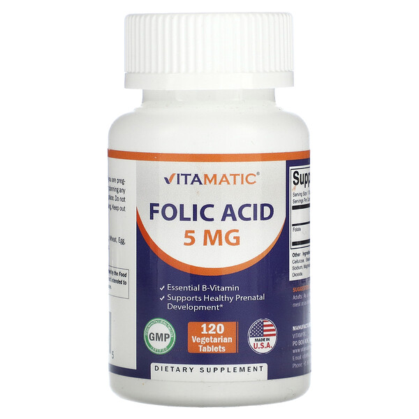 Фолиевая кислота - 5мг - 120 вегетарианских таблеток - Vitamatic Vitamatic