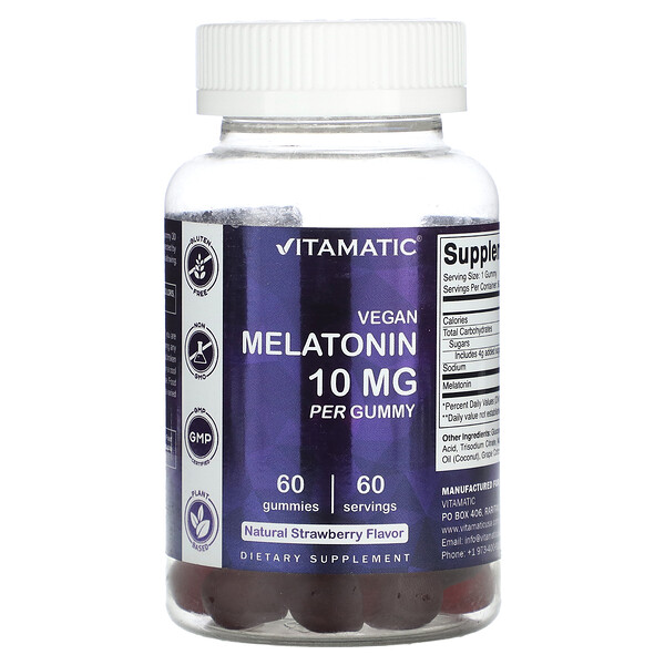 Веганский мелатонин, натуральный клубничный вкус - 10 мг - 60 жевательных конфет - Vitamatic Vitamatic