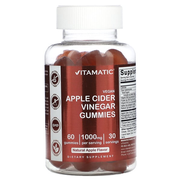 Веганский яблочный уксус, натуральное яблоко, 1000 мг, 60 жевательных конфет (500 мг на одну жевательную конфету) Vitamatic