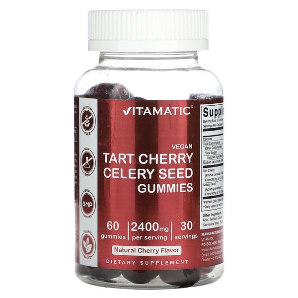 Vegan Tart Cherry Celery Seed, натуральная вишня, 2400 мг, 60 жевательных конфет (1200 мг на жевательную конфету) Vitamatic