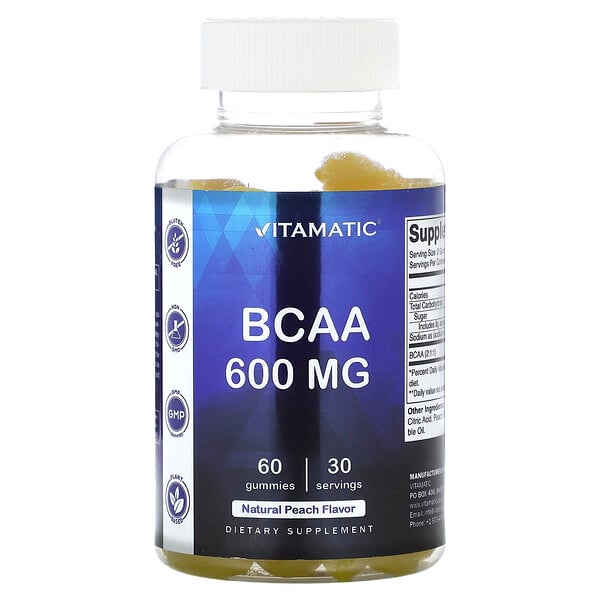 BCAA, Natural Peach, 600 mg, 60 Gummies (Жевательные конфеты) (300 mg per Gummy) Vitamatic