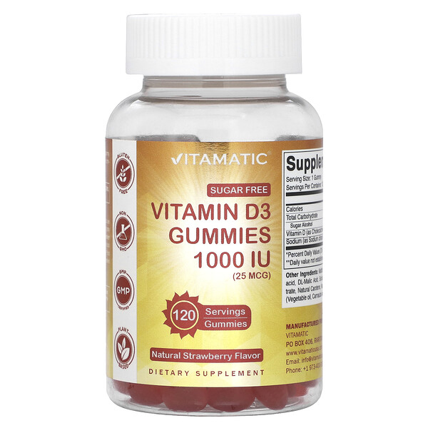 Витамин D3, Натуральная клубника, 1000 МЕ (25 мкг) - 120 жевательных конфет - Vitamatic Vitamatic
