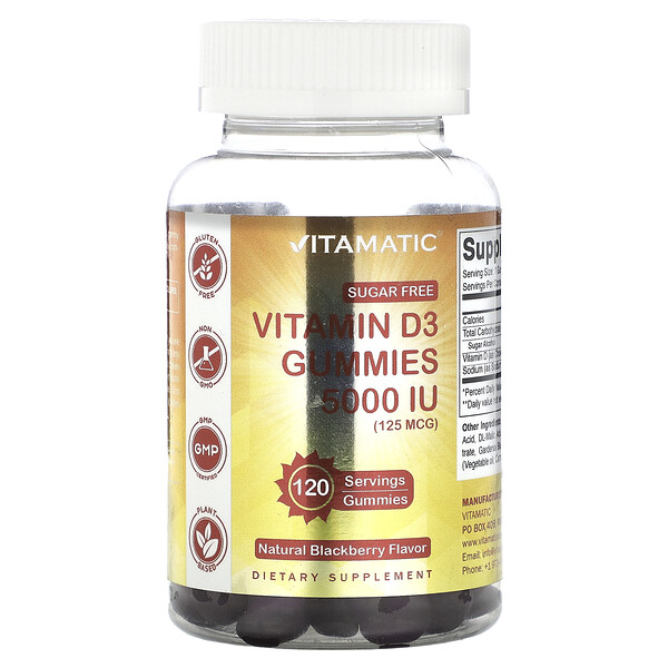 Жевательные конфеты с витамином D3 без сахара, натуральная ежевика, 125 мкг (5000 МЕ), 120 жевательных таблеток Vitamatic