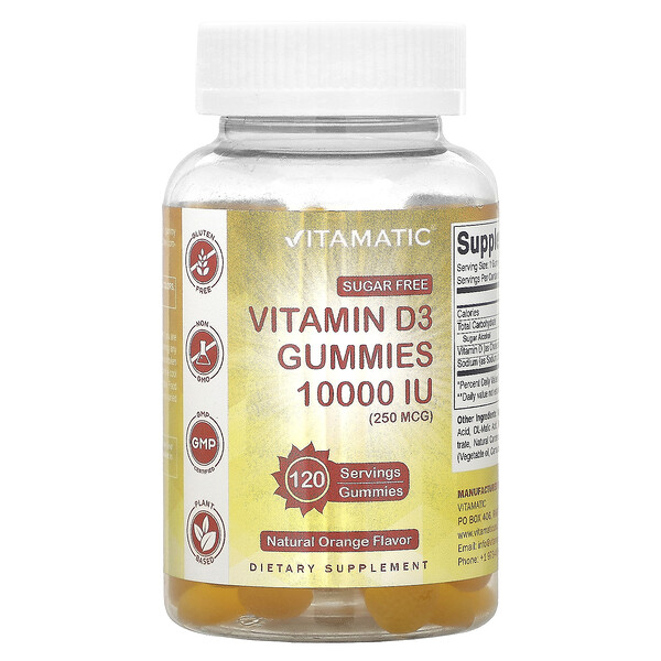 Витамин D3 без сахара, натуральный апельсин, 250 мкг (10 000 МЕ), 120 жевательных таблеток Vitamatic