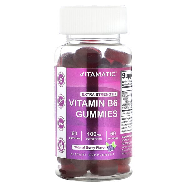 Витамин B6, Экстра Сила, Вкус Ягоды, 50 мг, 60 жевательных конфет - Vitamatic Vitamatic