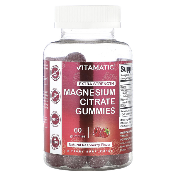 Магний Цитрат, Высокая концентрация, Натуральная малина, 60 жевательных конфет - Vitamatic Vitamatic