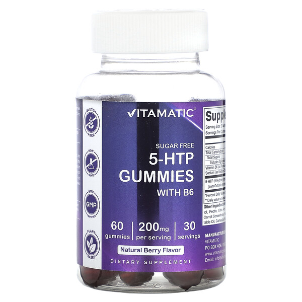 5-HTP с витамином B6, Натуральная ягода - 200 мг - 60 жевательных конфет - Vitamatic Vitamatic