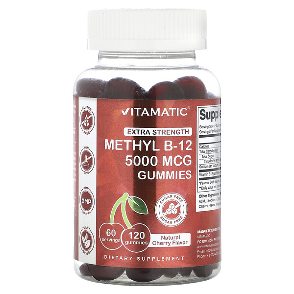 Метил B-12, Высокая концентрация, Натуральная вишня, 5000 мкг, 120 жевательных конфет - Vitamatic Vitamatic