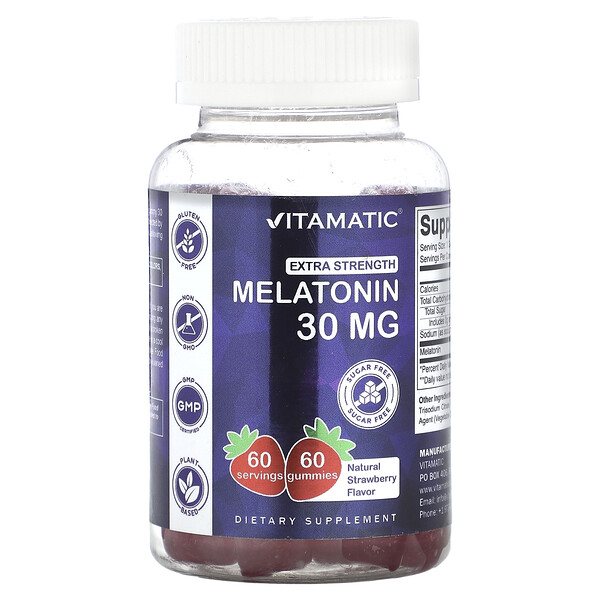Мелатонин Экстра Сильной Действия, Натуральная Клубника, 30 мг, 60 Жевательных Конфет - Vitamatic Vitamatic