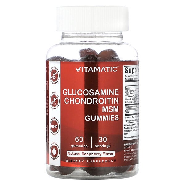 Глюкозамин-хондроитин и МСМ жевательные конфеты, натуральная малина, 60 жевательных таблеток Vitamatic