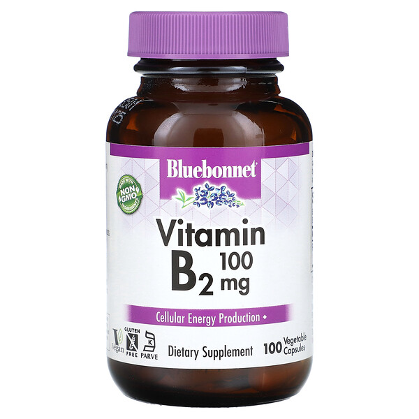 Витамин B2, 100 мг, 100 растительных капсул Bluebonnet Nutrition